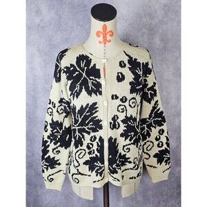 MINKHA Hand Knit Sweaters Womens M 100% Alpaka Knit Cardigan Sweater Floral B&W